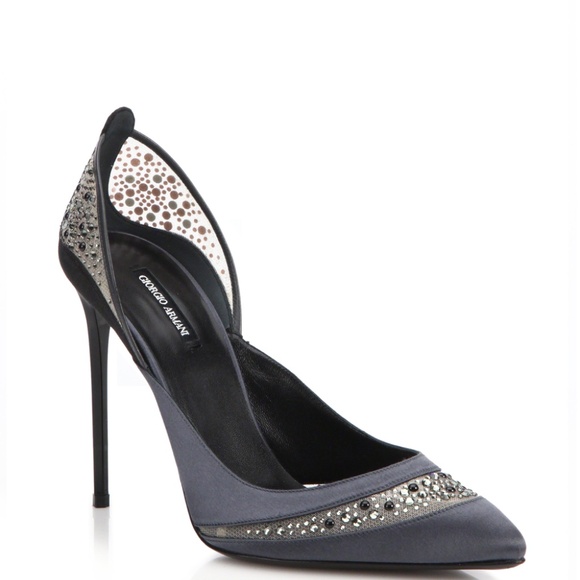 GIORGIO ARMANI Black, Gray, Satin, Mesh & Rhinestone Formal Heels - Size 6.5 - Picture 3 of 10
